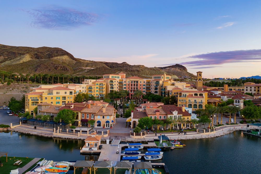 Aerial sunset view of the Lake Las Vegas Resort in Nevada.