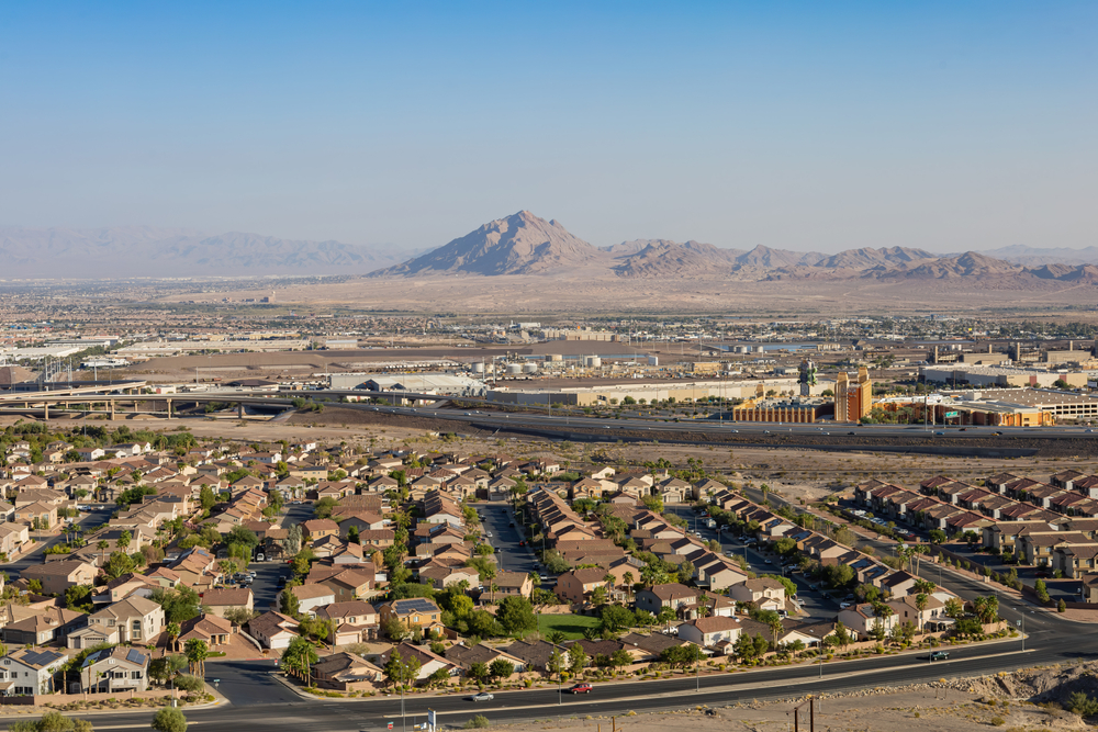 Sunny high angle view of the Henderson skyline in Nevada.