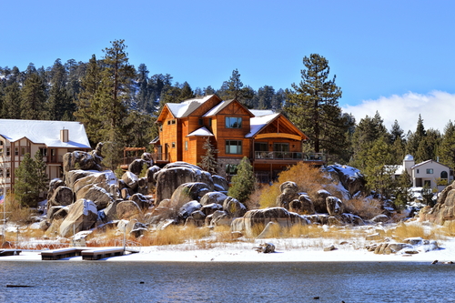 A wintry cabin on Big Bear Lake.