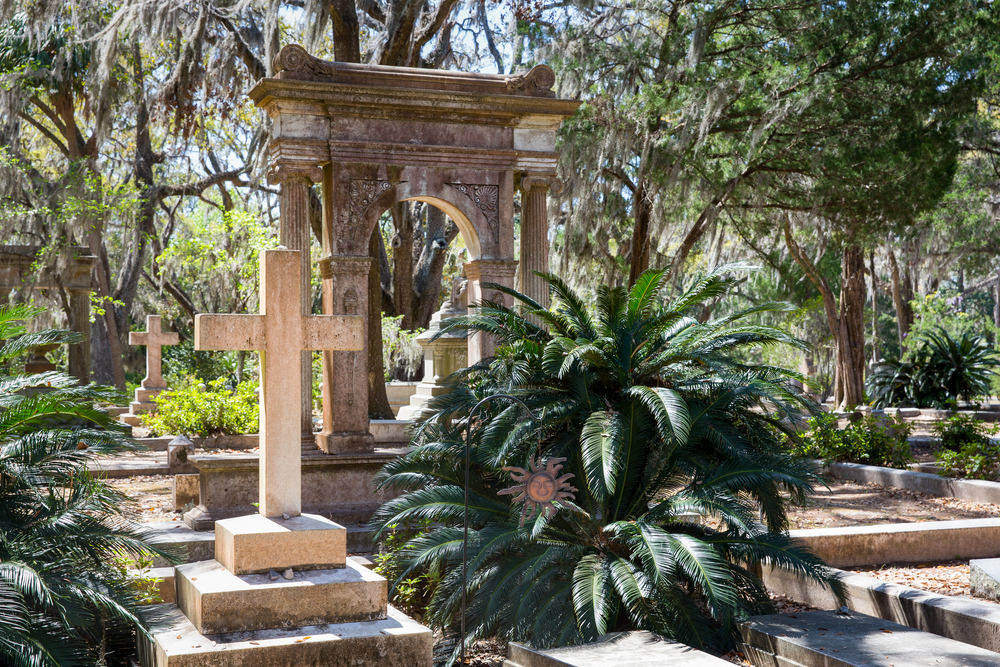 Historic Bonaventure Cemetery in Savannah, GA; serene scene with prominent cross in the foreground, lush vegetation, and Spanish moss.