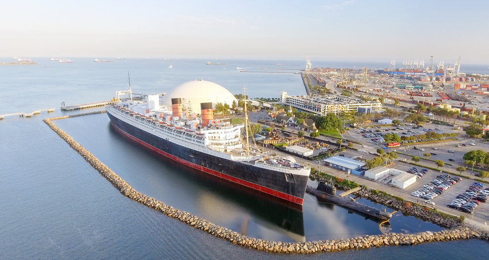 Aerial view of the RMS Queen Mary ocean liner, Long Beach, CA.