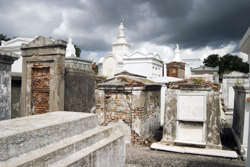 Storm clouds gather over Saint Louis Cemetery #1 in New Orleans.