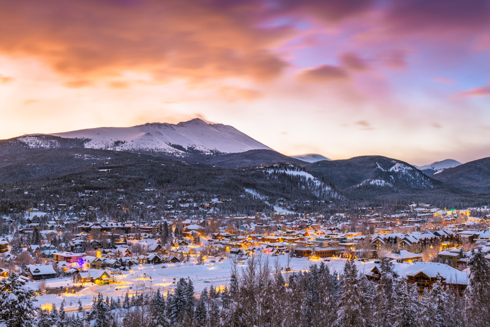 Breckenridge Mountain and town, in Colorado, at sunset.