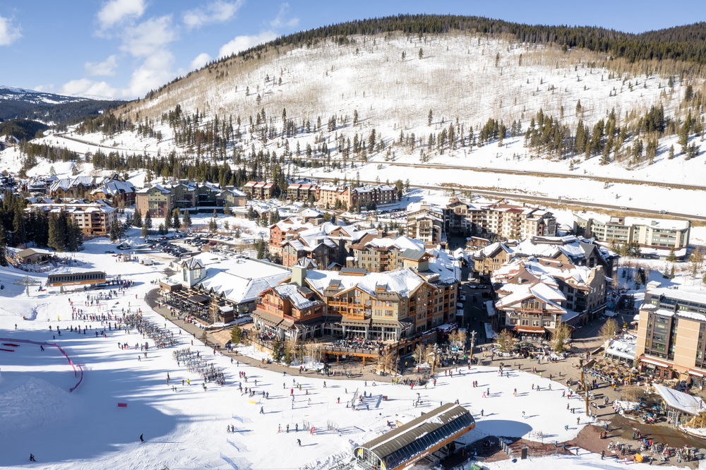 Aerial view of winter recreation and sports in Copper Mountain in Colorado.