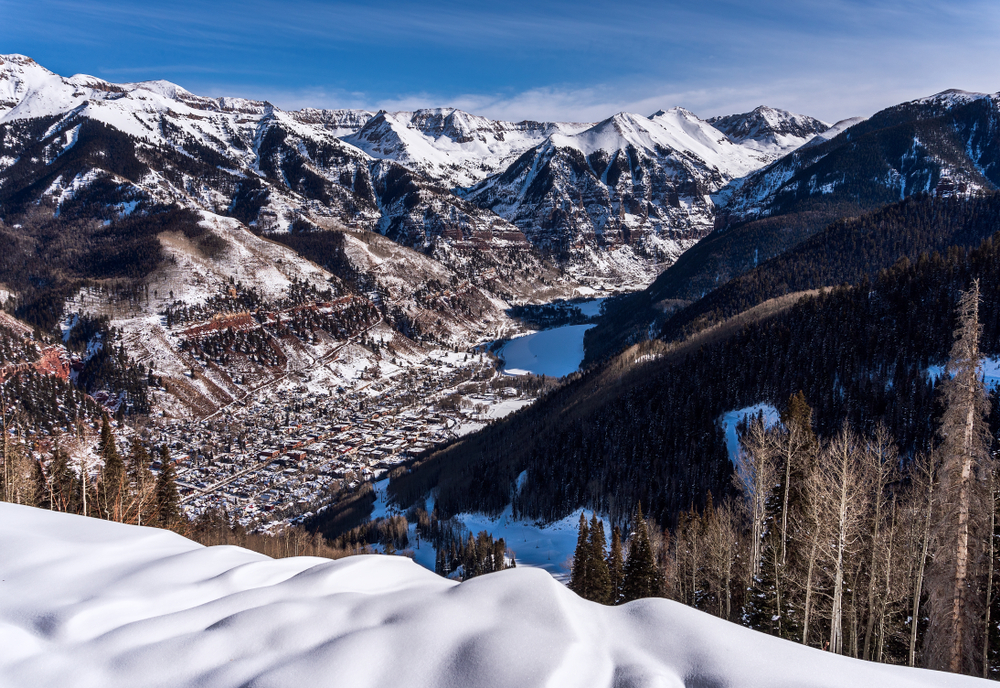 Scenic view of Telluride, Colorado and the San Juan Mountains in winter.