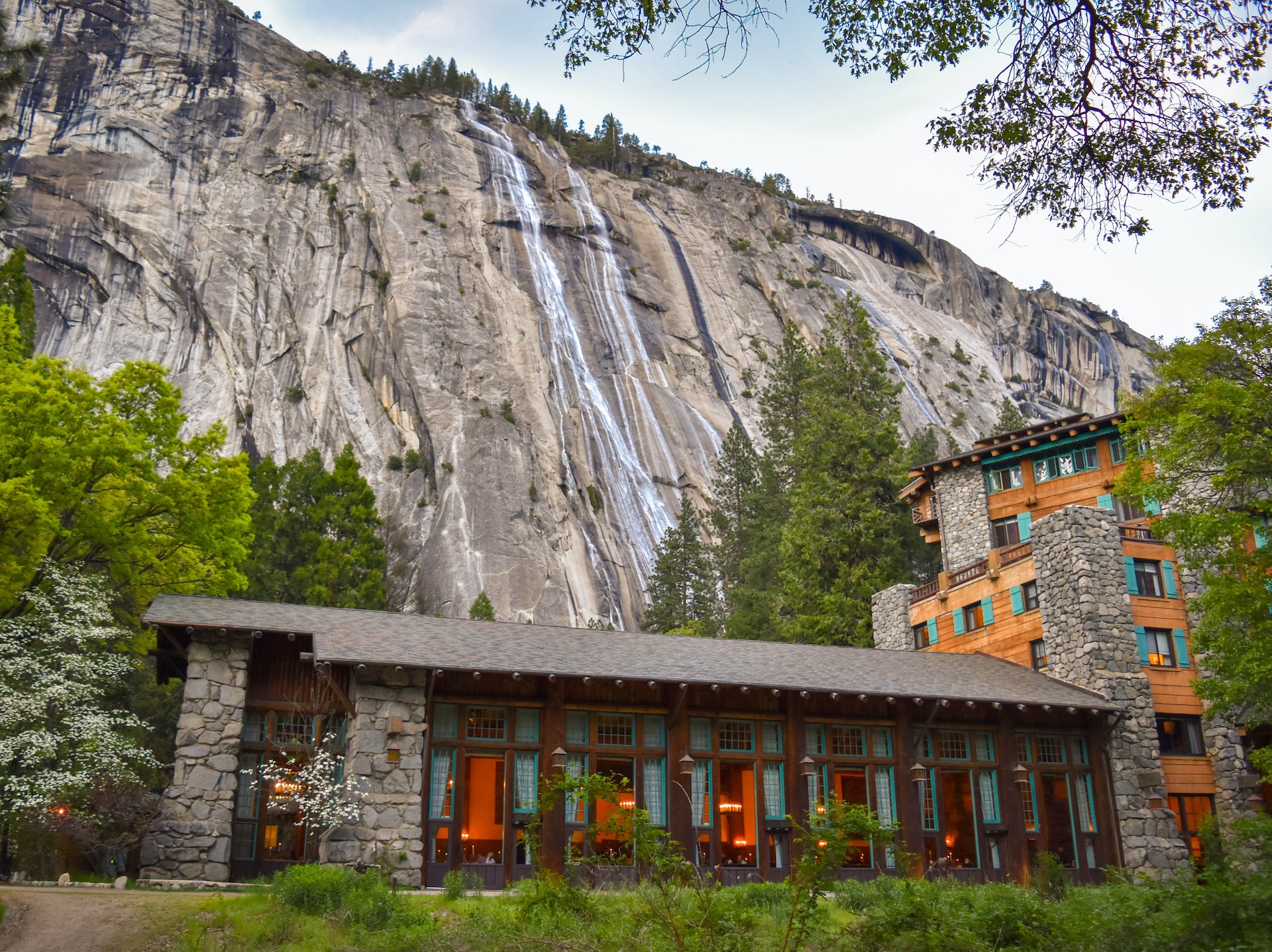 A seasonal waterfall that spills down the face of the Royal Arches wall in Yosemite Valley.