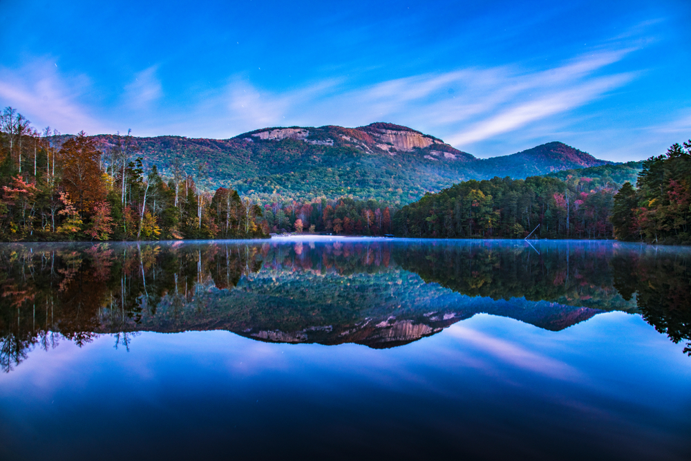 Table Rock State Park and Pinnacle Lake at sunrise near Greenville, South Carolina.