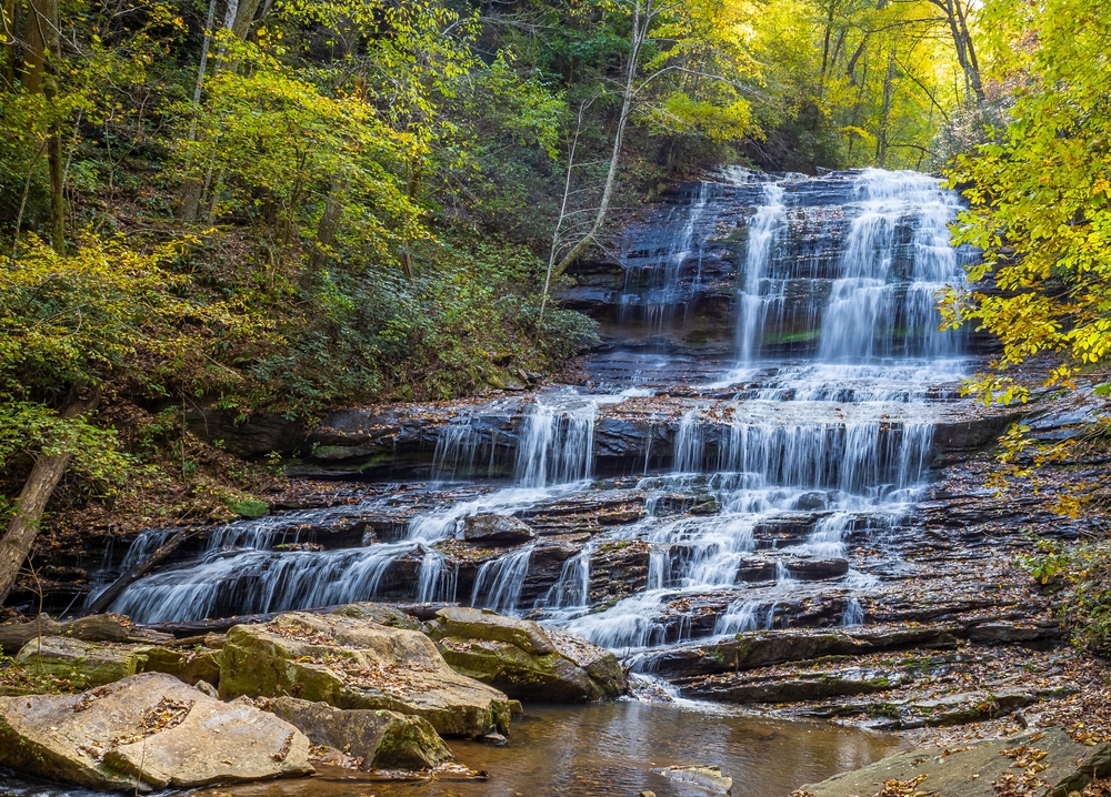 Water flowing at Pearsons Waterfall and Glen off NC Hwy. 176, between the towns of Tryon and Saluda in North Carolina.