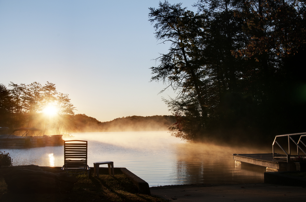 Sun rising over Lake Lure, North Carolina.
