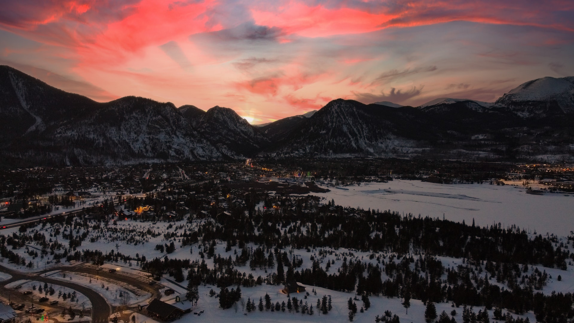 A beautiful sunset staining the clouds pink in Breckenridge.