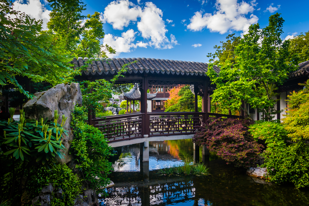 Bridge over a pond at the Lan Su Chinese Garden in Portland, Oregon.