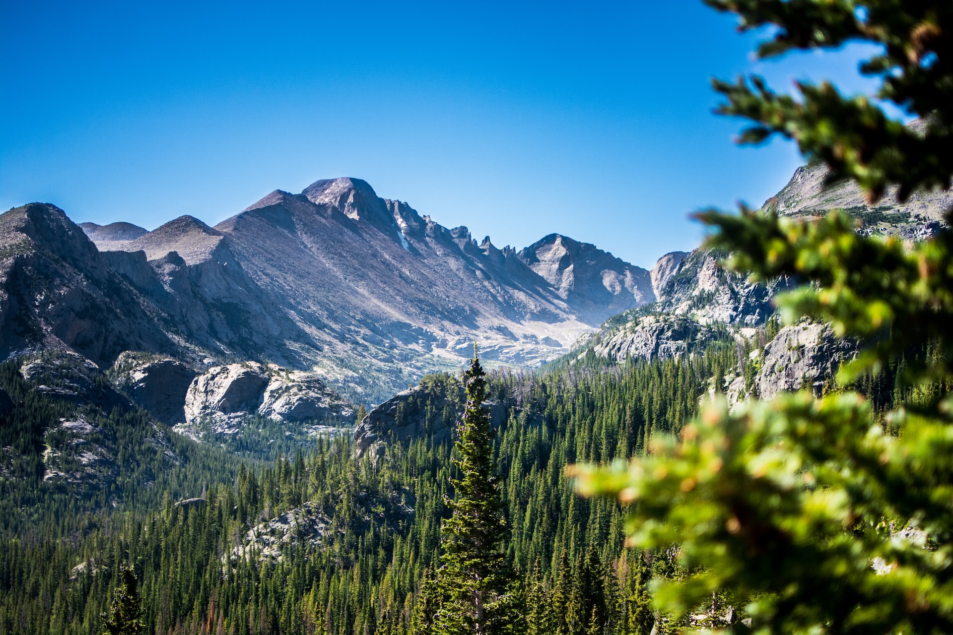 Bear Lake Trailhead, Estes Park, view of mountains and conifer trees.