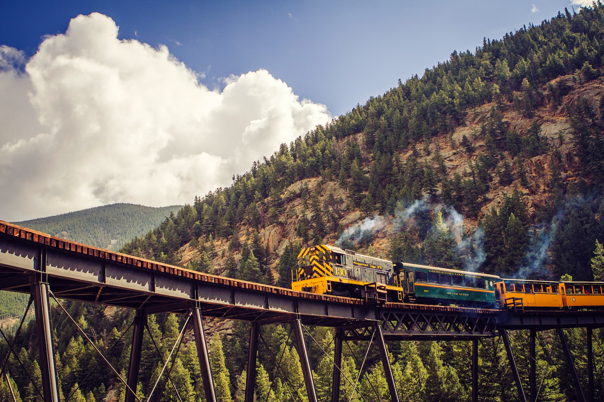 A train riding high on trestles with a mountain covered in pine trees behind.