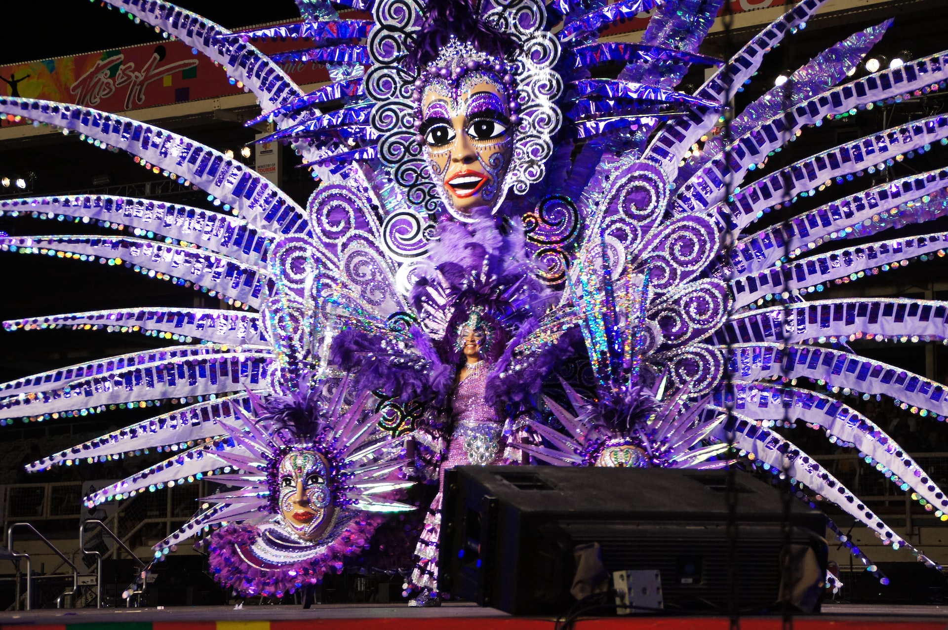 A woman on stage wearing a large, elaborate purple outfit akin to a peacock.