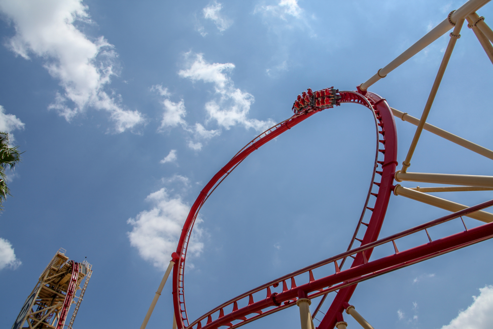 Universal Orlando Resort, SheiKra, Florida's scariest roller coaster, curvy, red, highflying attraction.