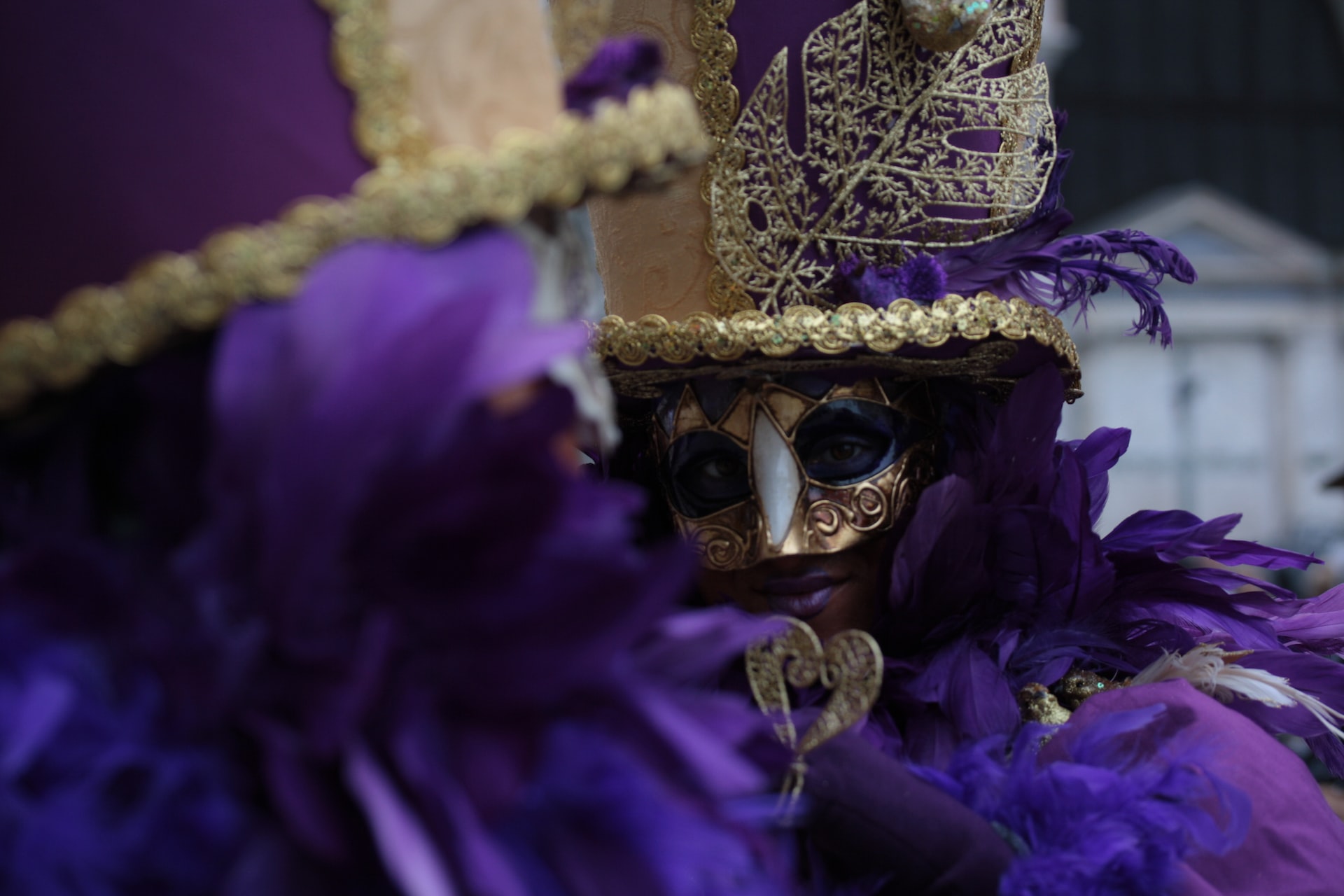 A woman wearing a purple and gold outfit and mask during Mardi Gras.