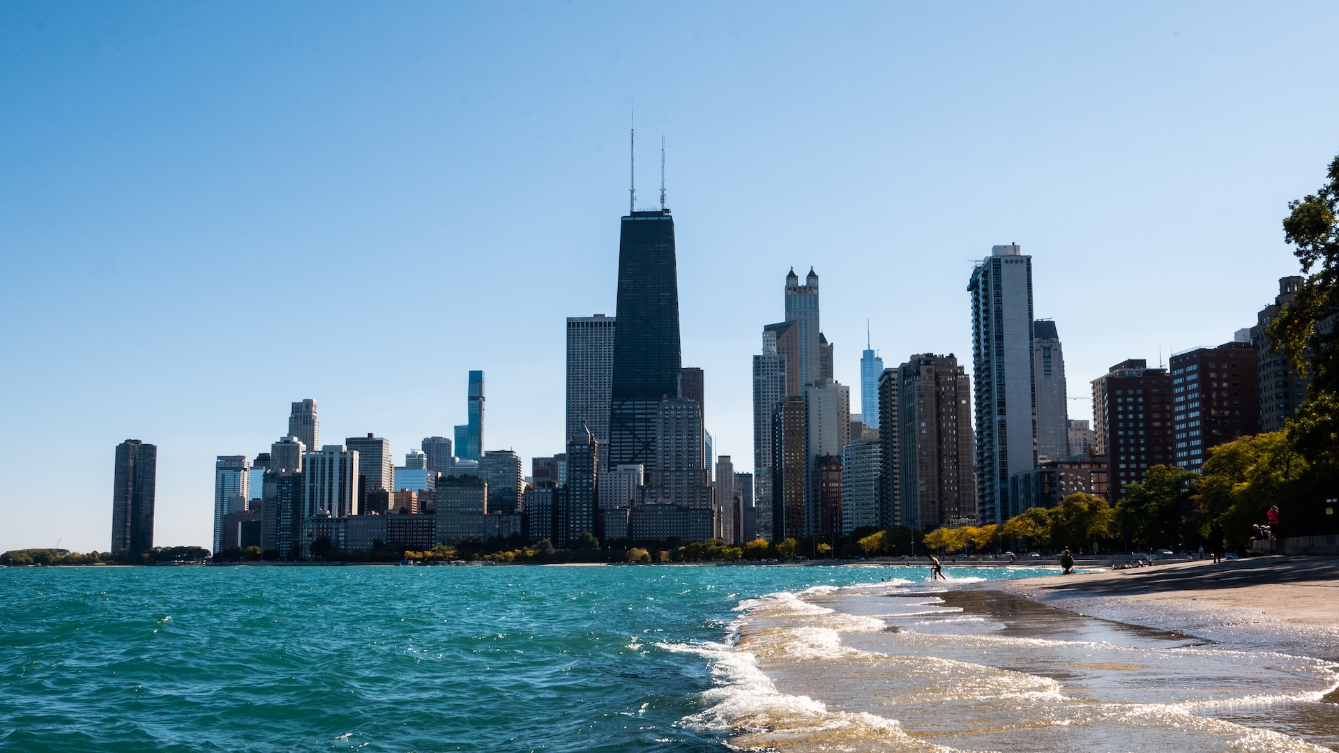 Chicago's skyline as seen from the beaches along Lake Michigan.
