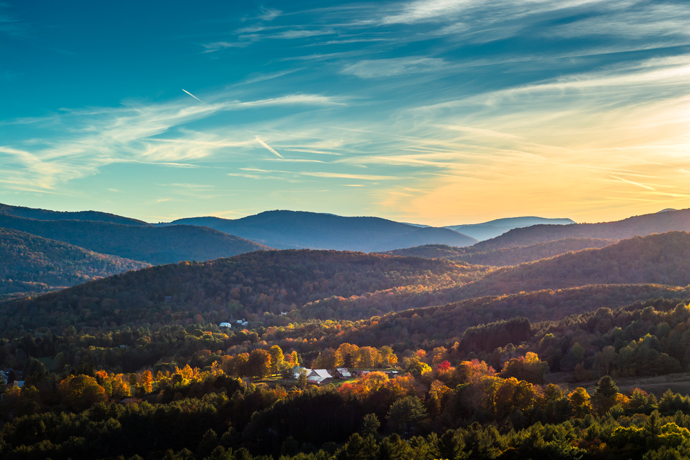 Looking down over the south end of Woodstock Vermont during the peak of fall foliage season.