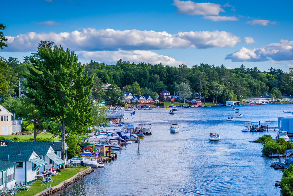 View of boats in Paugus Bay, in Weirs Beach, Laconia, New Hampshire.