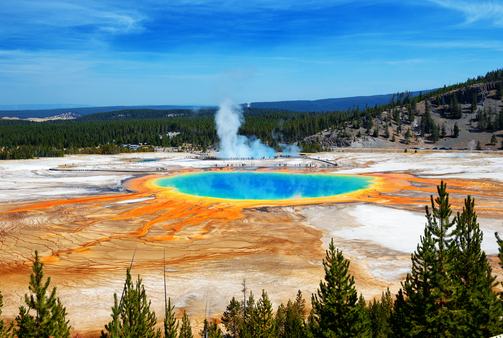 Famous trail of Grand Prismatic Springs in Yellowstone National Park from high angle view.