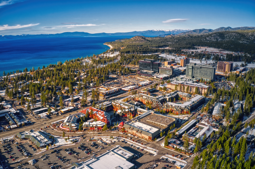 Aerial View of South Lake Tahoe which is on the California Nevada Stateline.