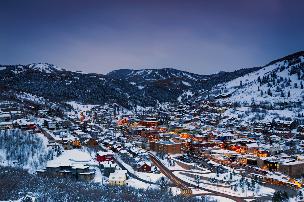 Park City, Utah, illuminated with lights at night.