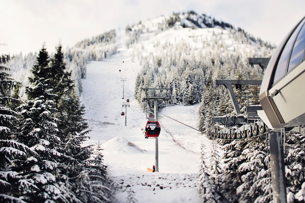 A snowy Crystal Mountain with its red cable cars running up in between the pines.