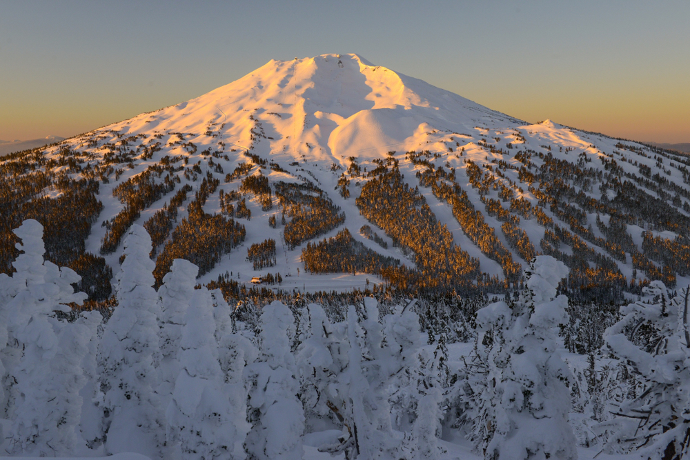 Mt. Bachelor covered in snow in the winter.
