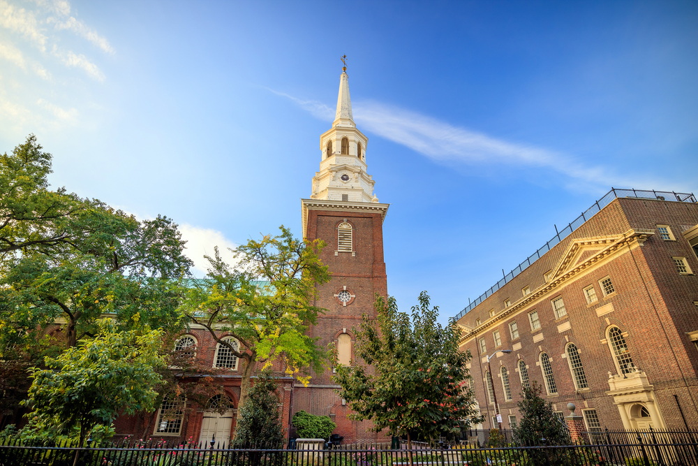 The redbricks and spire of Christ Church in Philadelphia, Pennsylvania.