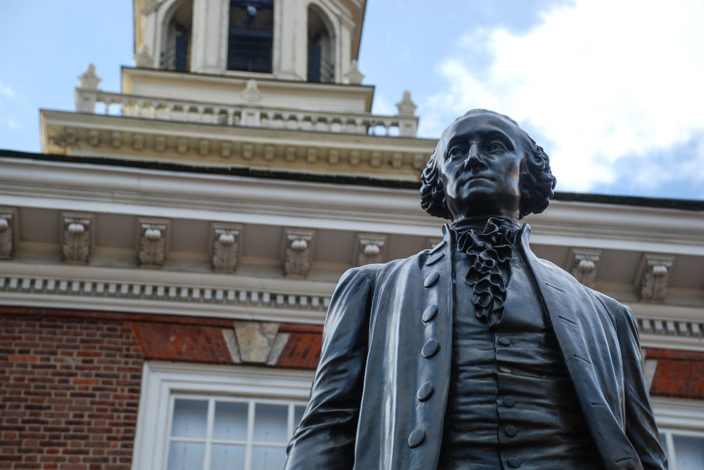 Statue of George Washington in front of Independence Hall.