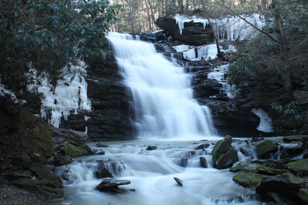 A winter waterfall flowing in the woods.