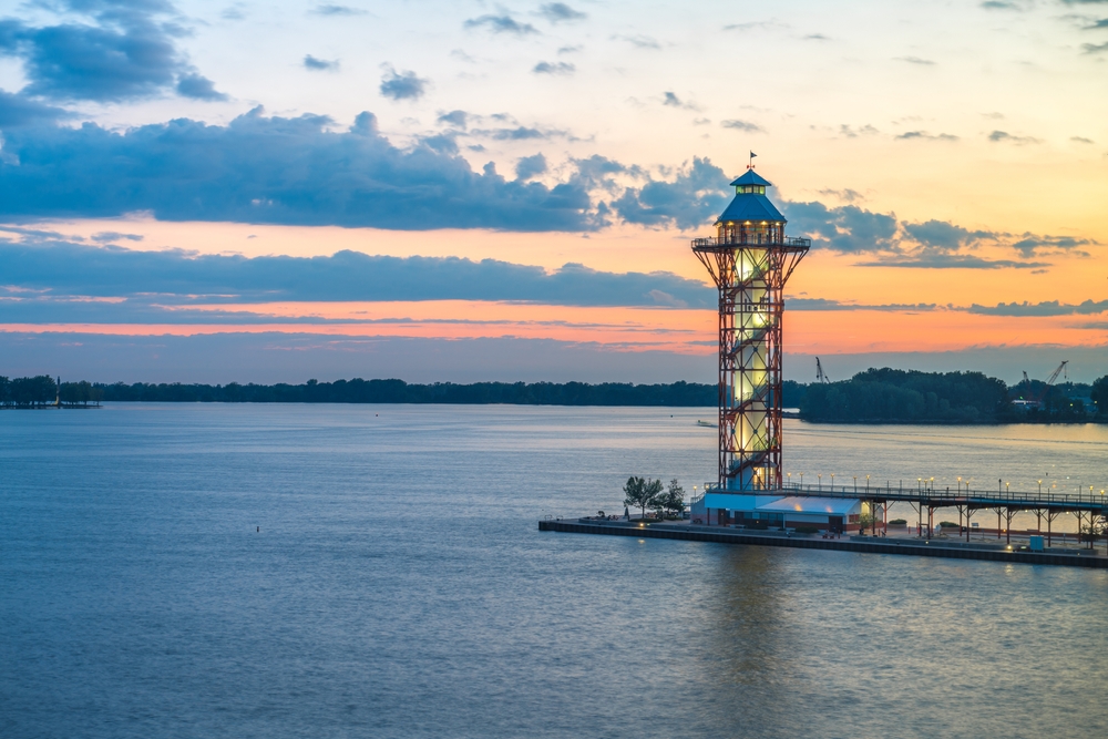 Erie, Pennsylvania, USA and tower on Lake Erie at dusk.