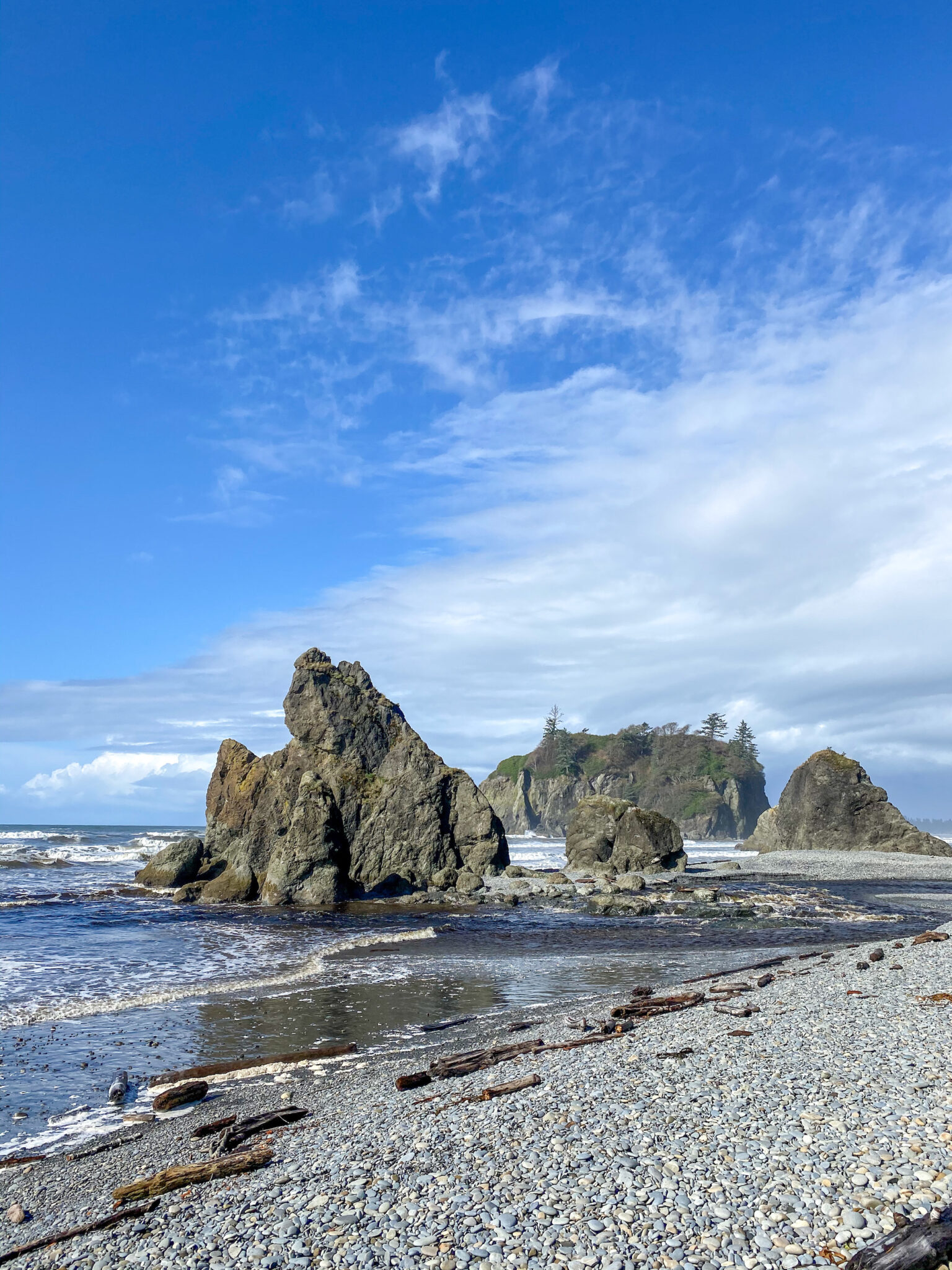 Towering stone formations along Rialto Beach.