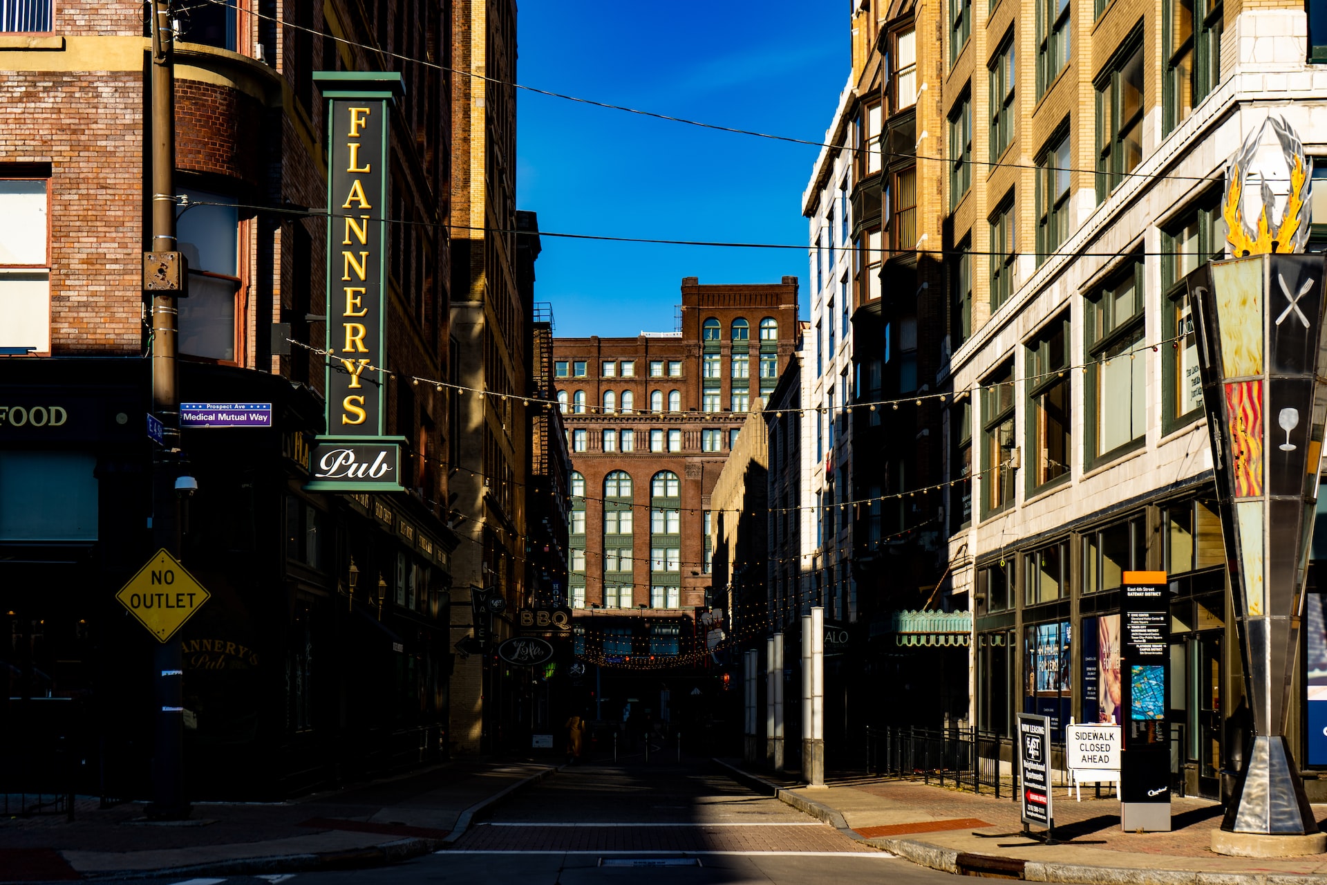 Low angle shot of downtown Cleveland.