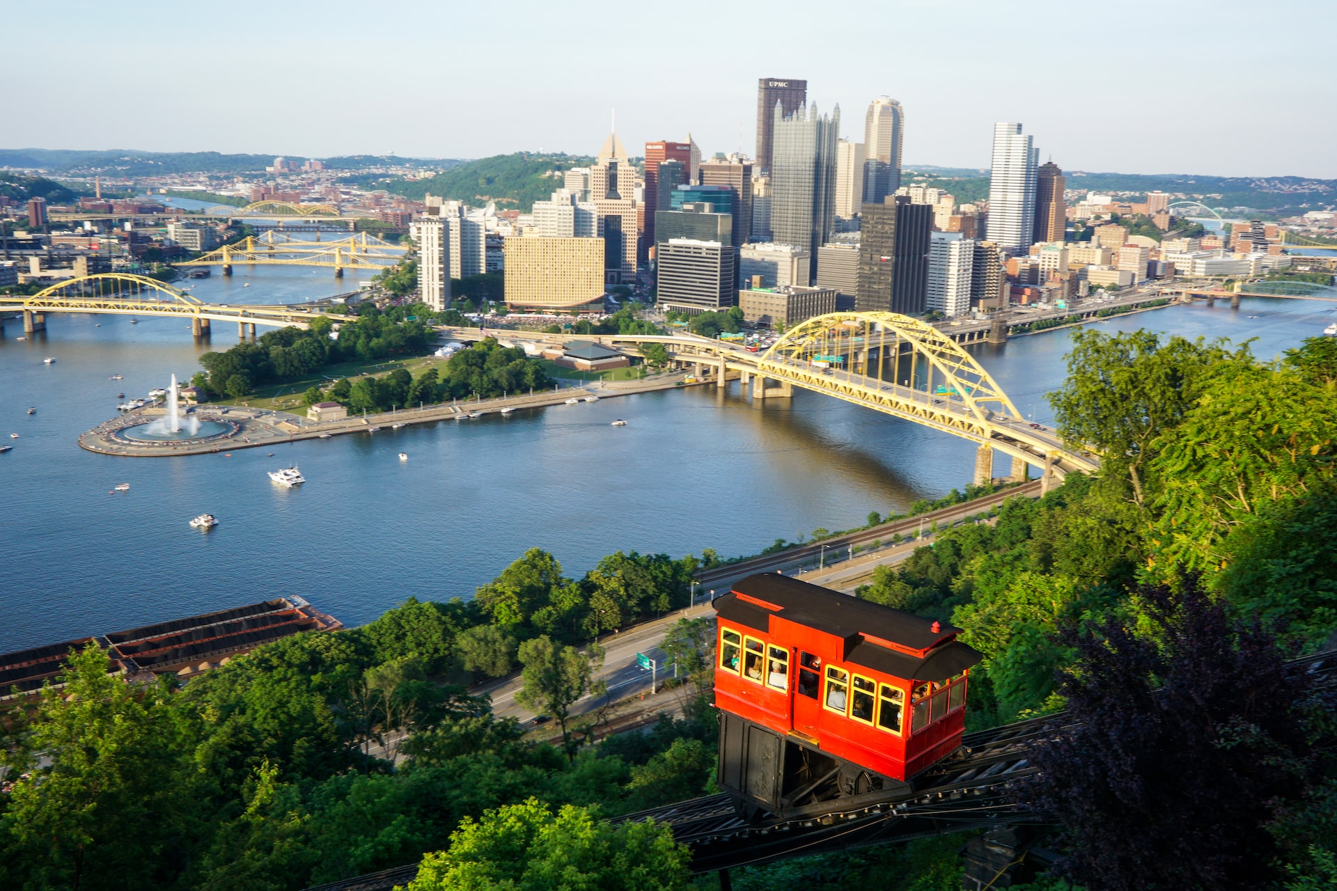 The iconic Pittsburgh incline on a beautiful summer day overlooking the famous point in downtown Pittsburgh.