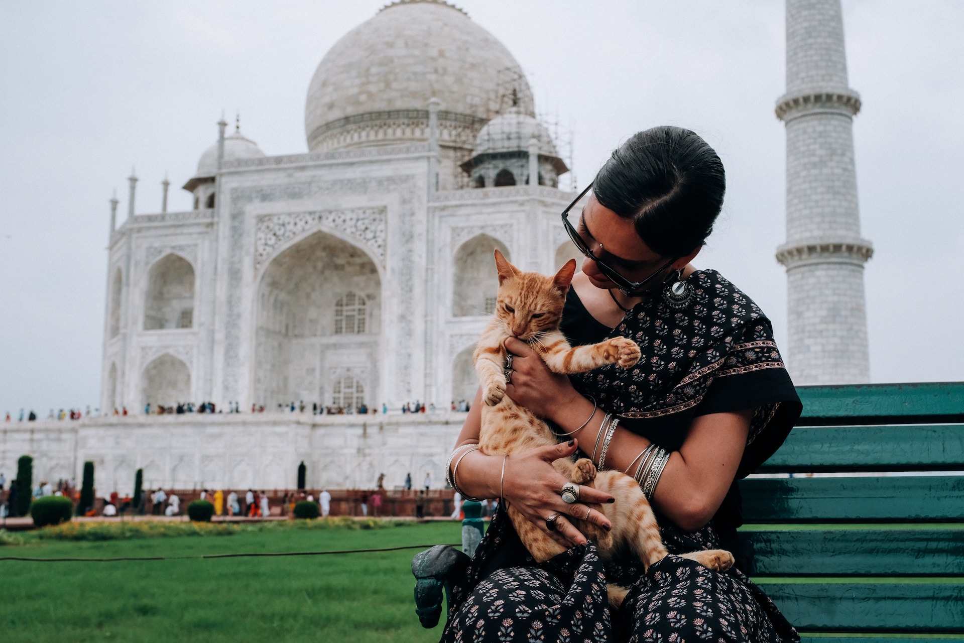 A woman holding a cat on a park bench outside the Taj Mahal.