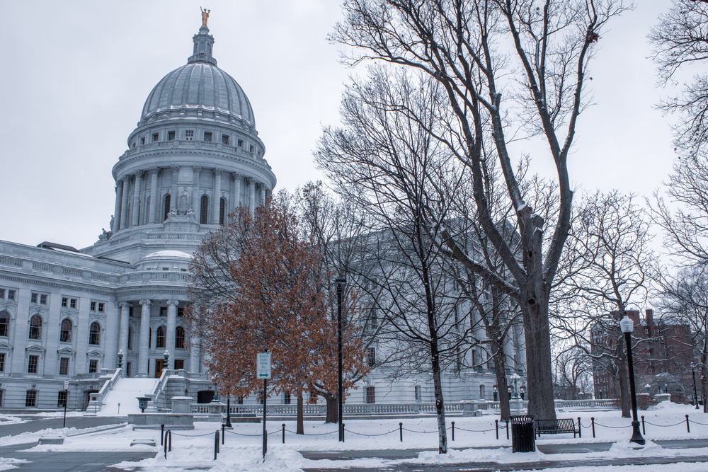 Wisconsin State Capitol Building in Madison shot during a winter landscape.