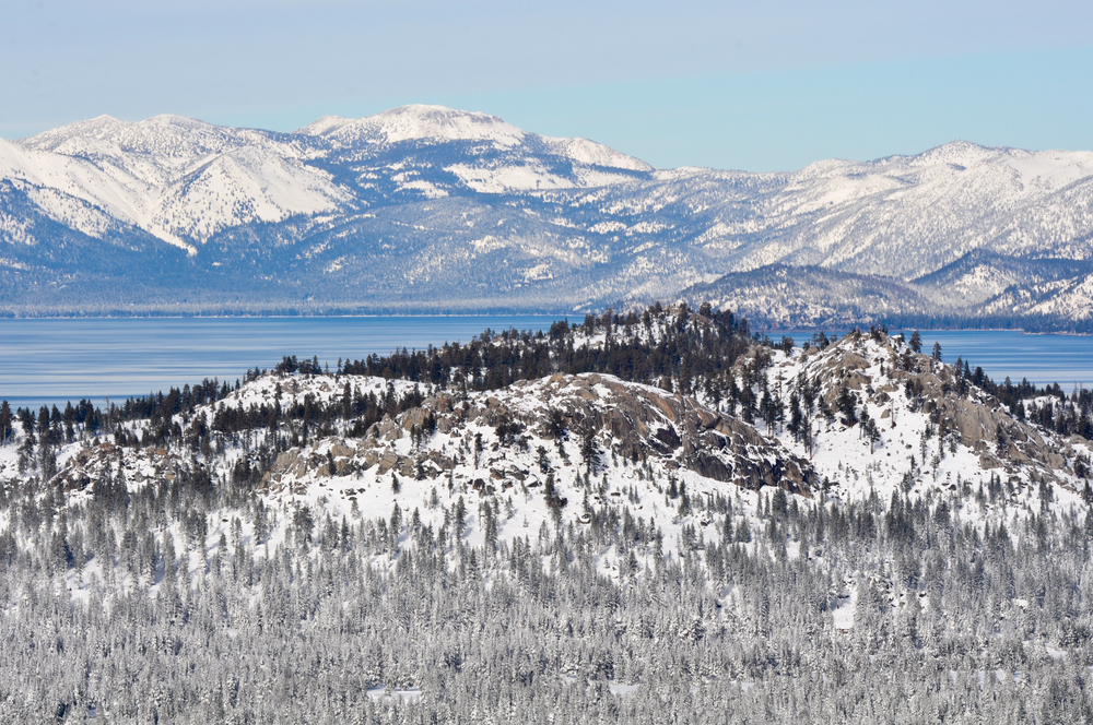 Lake Tahoe, California, in winter, mountains and lake offering picturesque views.