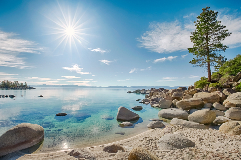 Lake Tahoe east shore beach; calm turquoise water on a sunny day.