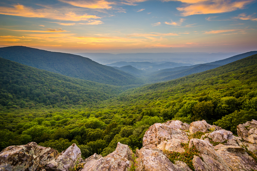 A sunset scene developing along the Blue Ridge Mountains.