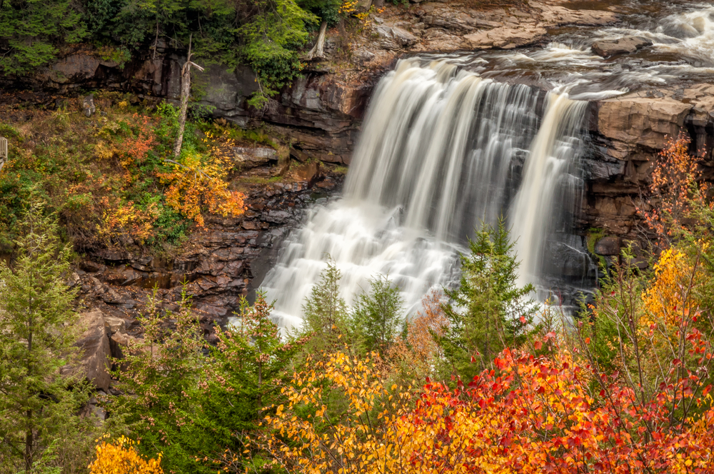 Blackwater Falls surrounded by fall foliage in West Virginia