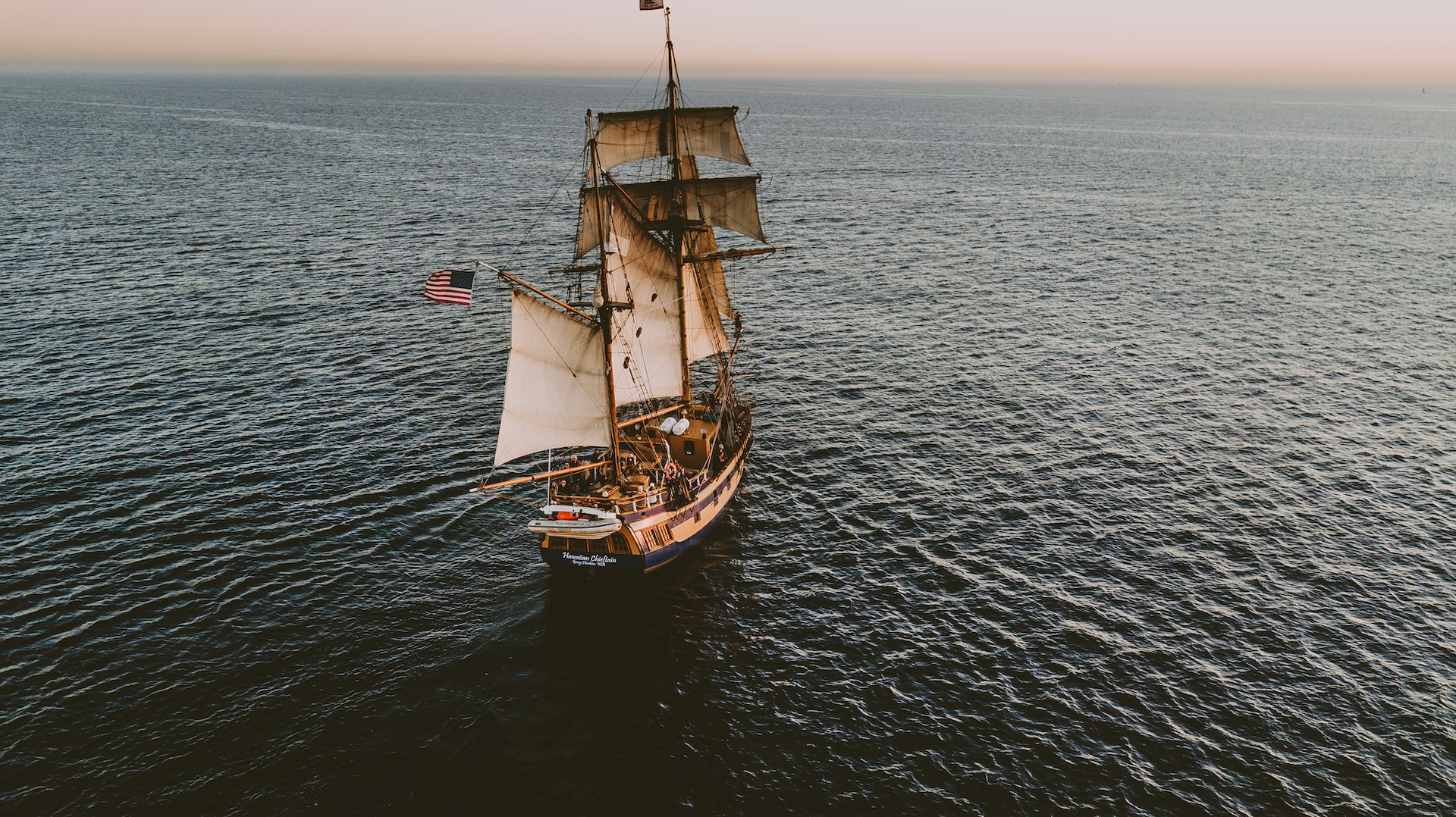 A pirate ship at sea.