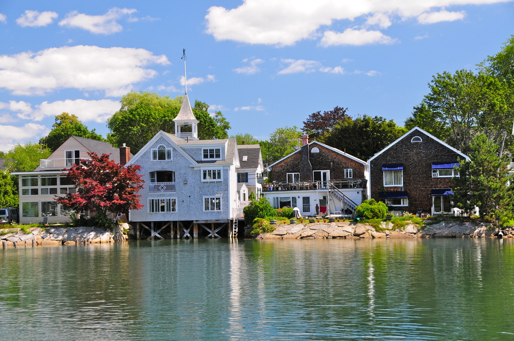 Wooden houses along the water in Kennebunkport, Maine