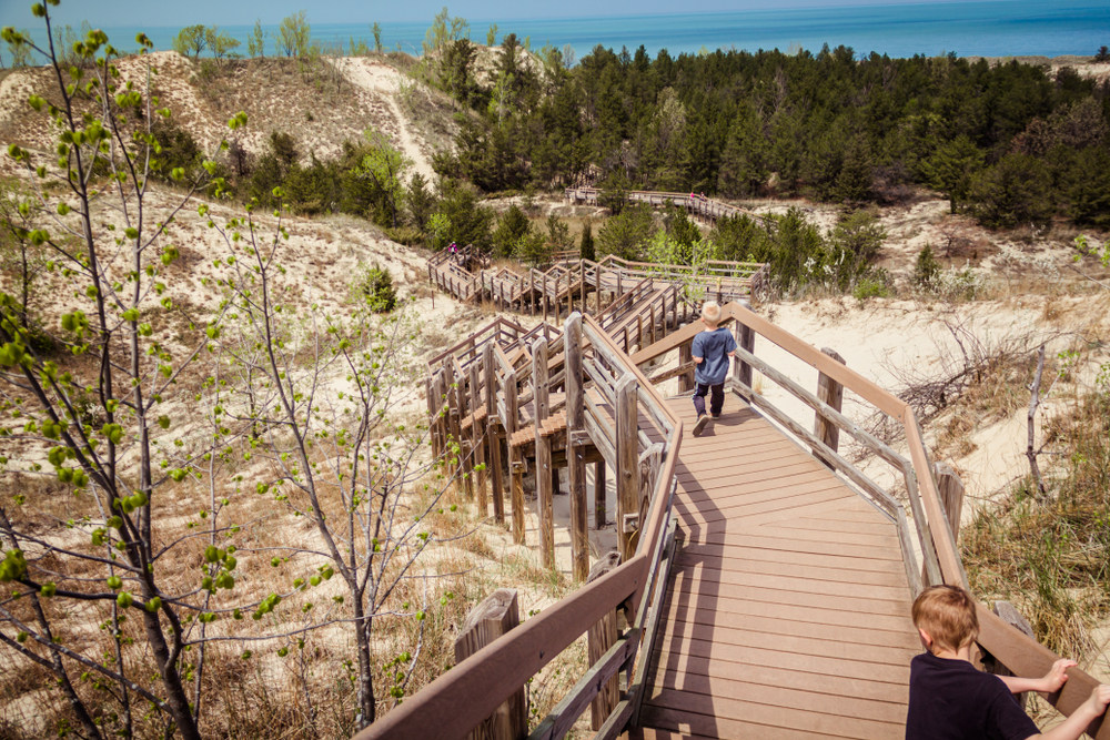 People climbing down some boardwalk steps over a dune at Indiana Dunes National Park.