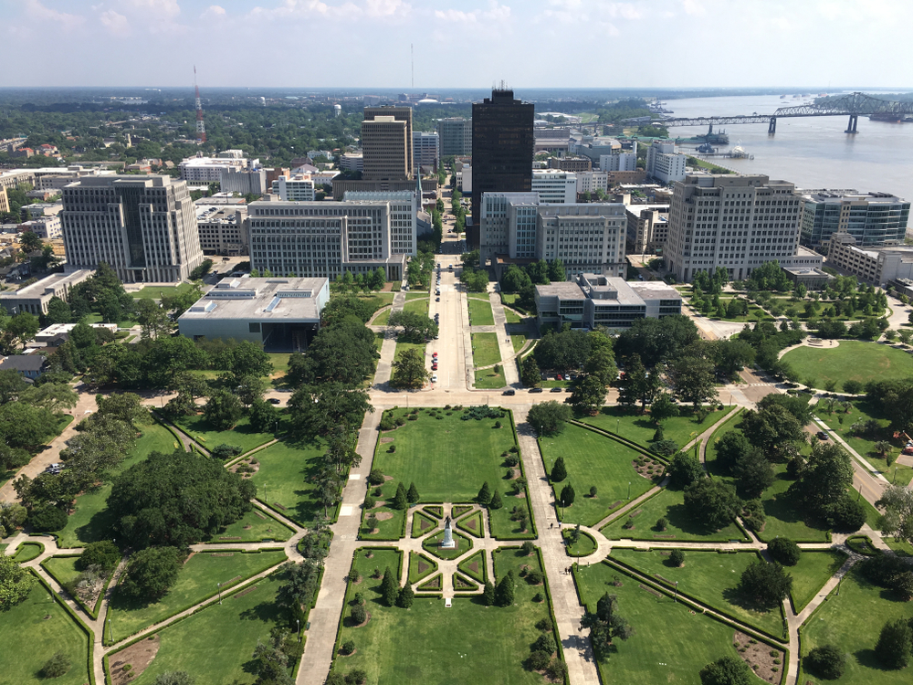 Louisiana State Capitol overlooking the gardens and downtown of Baton Rouge.
