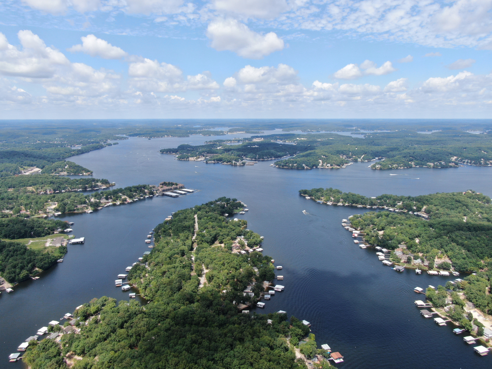 An aerial view of the long and narrow and branching Lake of the Ozark in Missouri.