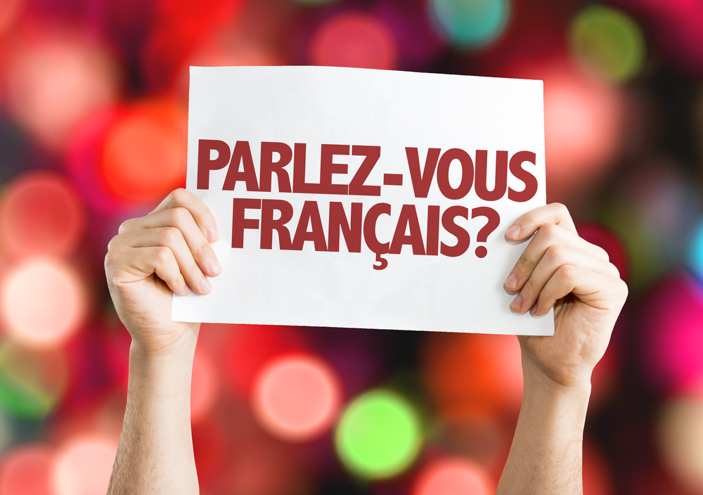 "Do You Speak French?" (in French) card with Bokeh background.