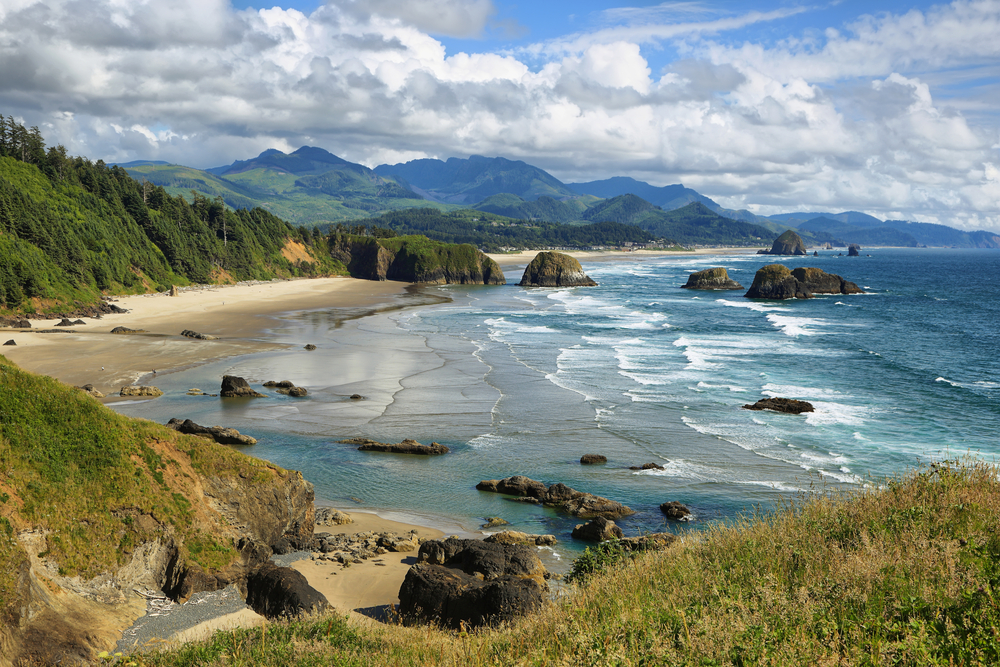 View of Cannon Beach and Indian Beach at Ecola State Park in Oregon.