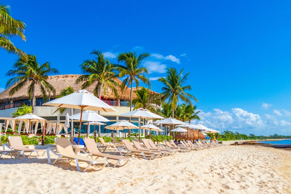Palm trees, parasols, umbrellas, and sun loungers at the Reef Coco Beach Resort. 