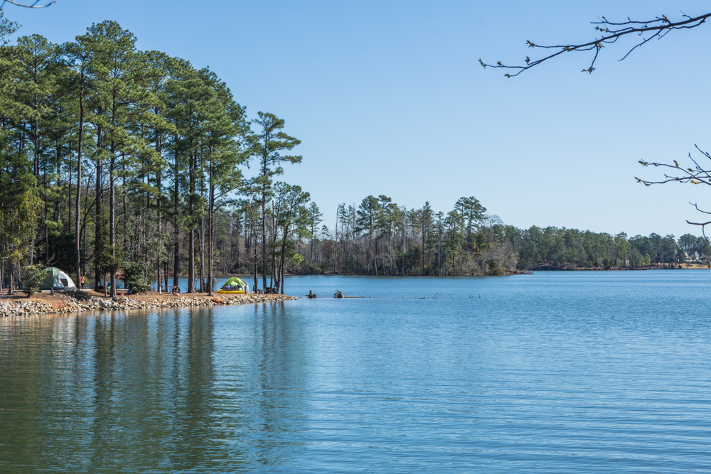 Tent camping on the blue waters of Lake Murray in South Carolina.